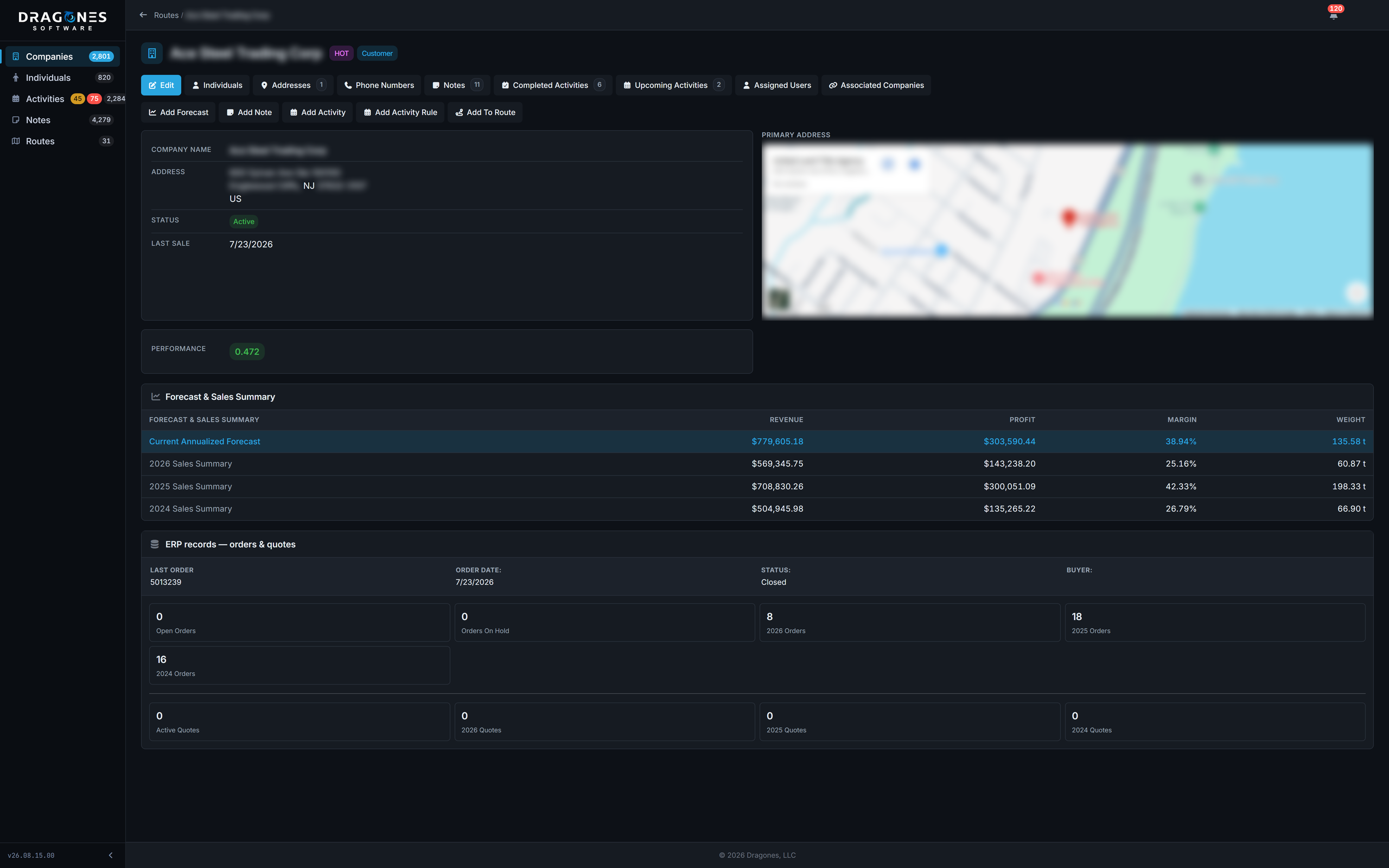 Account detail in dark theme, with year-to-date revenue, profit and shipped weight against forecast.