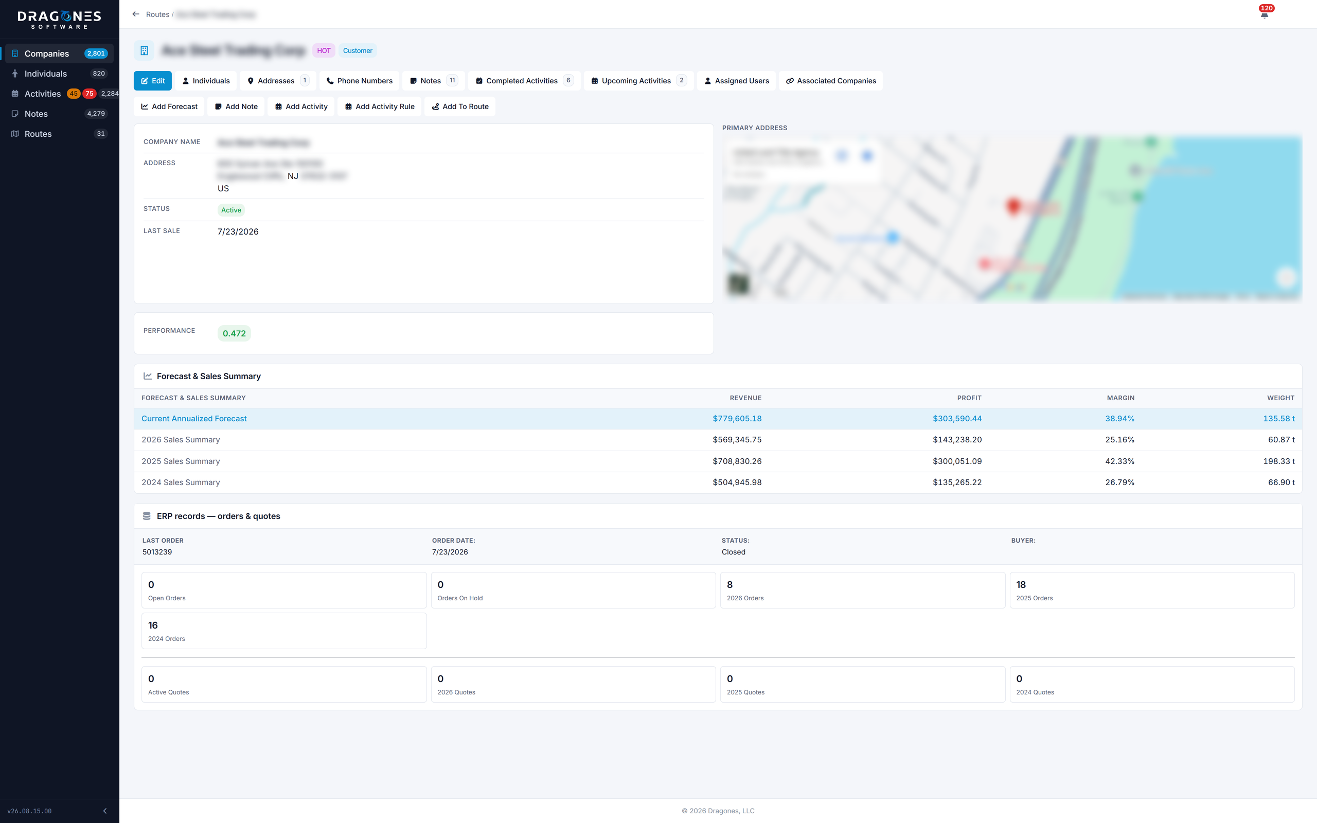 Account detail screen showing a customer's year-to-date revenue, profit and shipped weight alongside a forecast compared against prior years, with the account's locations plotted on a map.